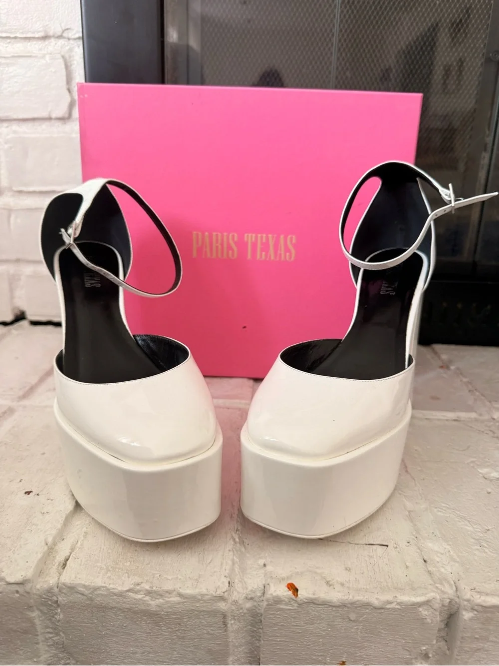 Paris Texas White Patent Platform Ankle-Strap Pumps with Black Insole